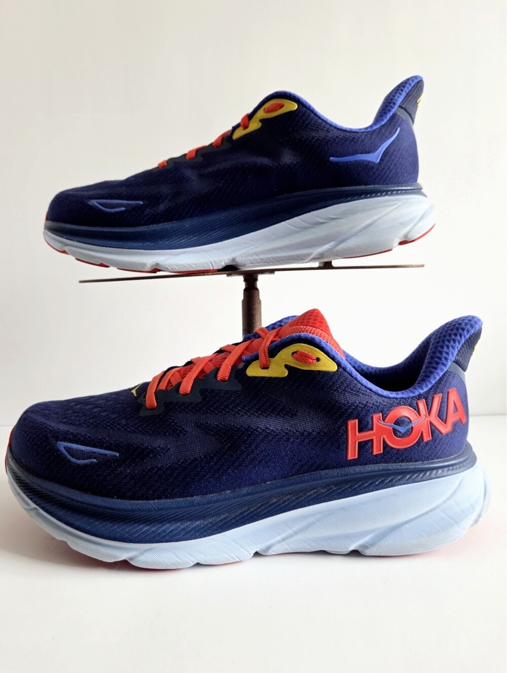 Hoka (8 Wide) Clifton 9 Road Running Shoes, Navy Blue Orange & Yellow - Picture 14 of 15